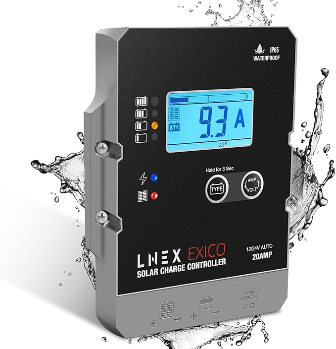Solar Charge Controller Waterproof, 20A Super Thin Solar Panel Battery Intelligent Regulator with LCD Display 12V/24V PWM Solar Controller for LiFePO4,AGM, Gel, Flooded and Lithium Battery