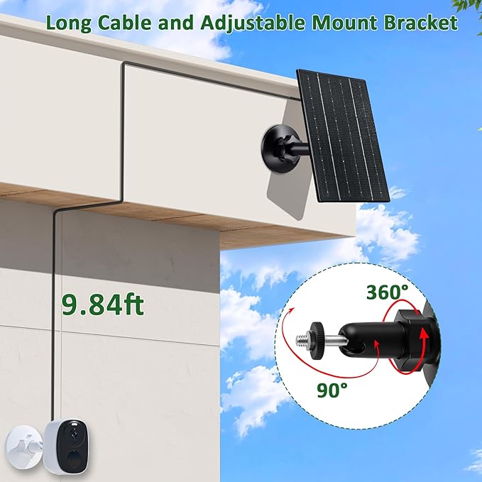 Zivif Solar Panel for Security Camera, USB/USB C Solar Panel Charger with Rechargeable Battery Powered Cameras, 9.8ft Cable, 360° Adjustable Mount (2 Pack)