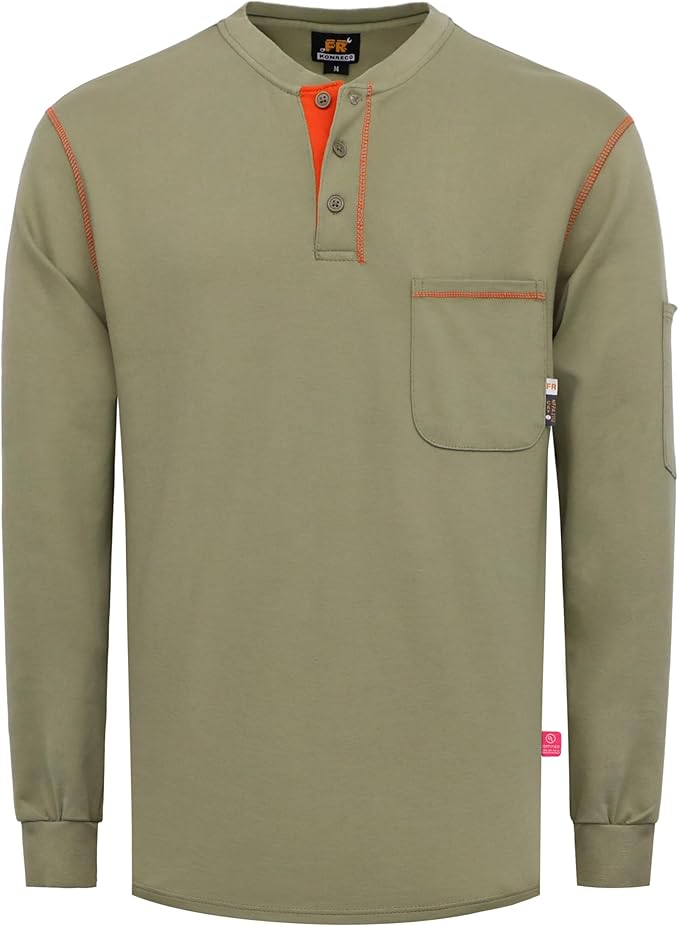 KONRECO FR Shirts for Men Long Sleeve 7oz Cotton Flame Resistant/Fire Retardant CAT2 Henley Shirt