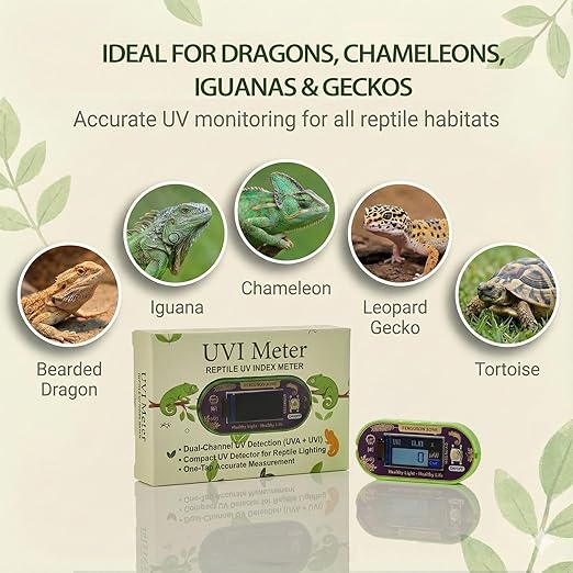 Reptile UVI Light Meter – Portable UV Index Reader for Basking Spot Monitoring – Helps Reptile Owners Know When to Replace UV Lamps – for Bearded Dragon, Chameleon & Gecko – Battery Included