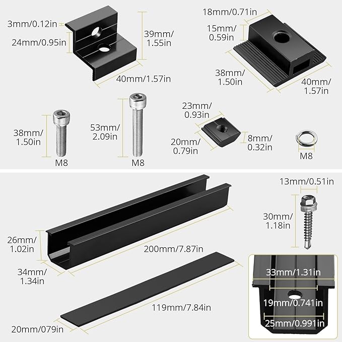 Anbte 6Pcs Solar Panel Mounting Brackets, Aluminium 7.87" Solar Panel Mounting Rail & 30mm/35mm End Clamp & Mid Clamp, Solar Panel Mounting Kit for Metal Roof, Tin Roof, Flat Roof, Sheet Roof, Black