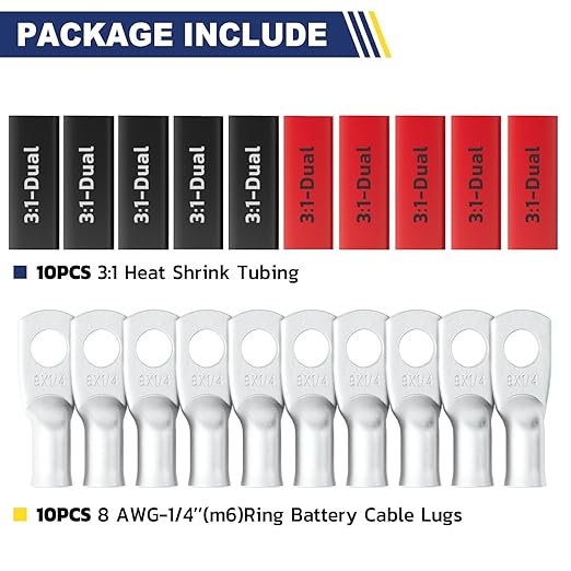haisstronica 10pcs 8 AWG - 1/4" (M6) Tinned Copper Battery Lugs, Heavy Duty Copper Wire Lugs with 10pcs 3:1 Adhesive Heat Shrink Tubing,8 Gauge Wire Lugs,Tinned Copper Battery Cable Ends