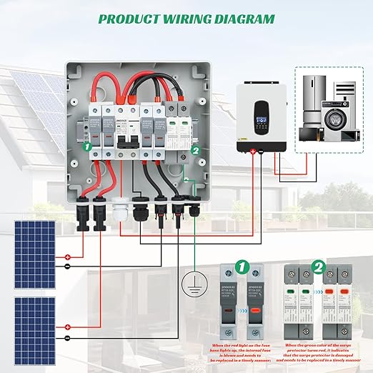 2 in 1 Out Solar Combiner Box,PV Combiner Box with 20A PV Fuse,DC 40A Circuit Breaker and Surge Protector,IP65 Solar Disconnect Switch Box for Indoor Outdoor Solar Panel System (2 in 1 Out 20A 1000V)