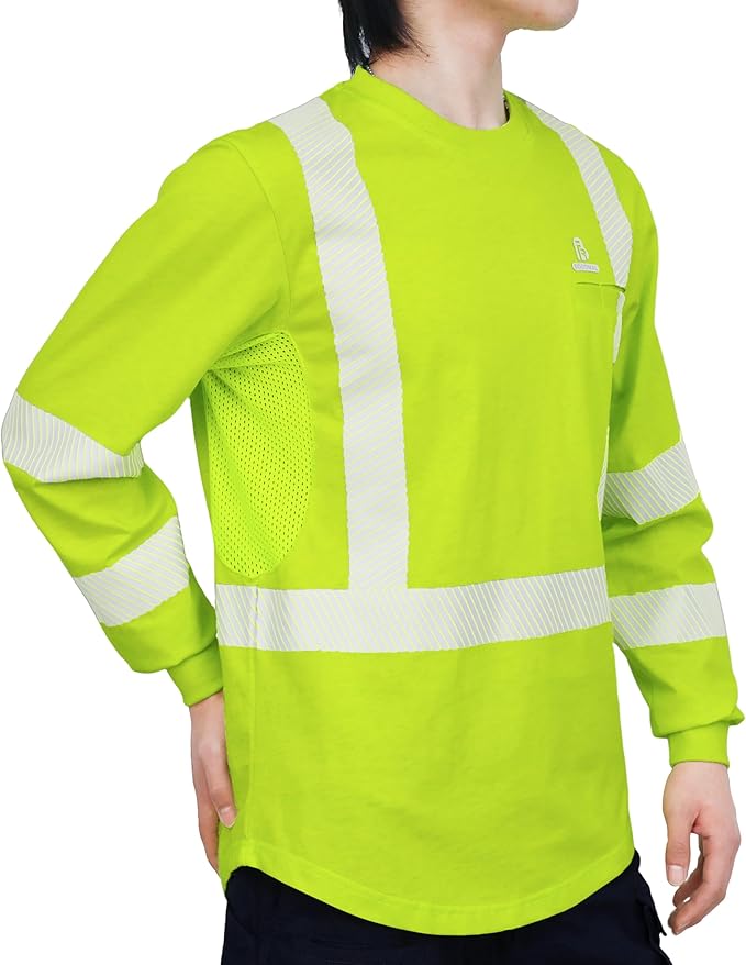 BOCOMAL Reflective FR Shirts High Visibility Summer Vented Mesh Long Sleeve Crewneck Lightweight Flame Resistant Workwear