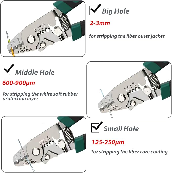 3 Holes Fiber Optic Wire Stripers 2025 New,Comes with 4 Cable Stripping Hole Sizes and a Small Adjustment Wrench,Precision Fiber Stripper/Optic Tools for Installers and Electricians