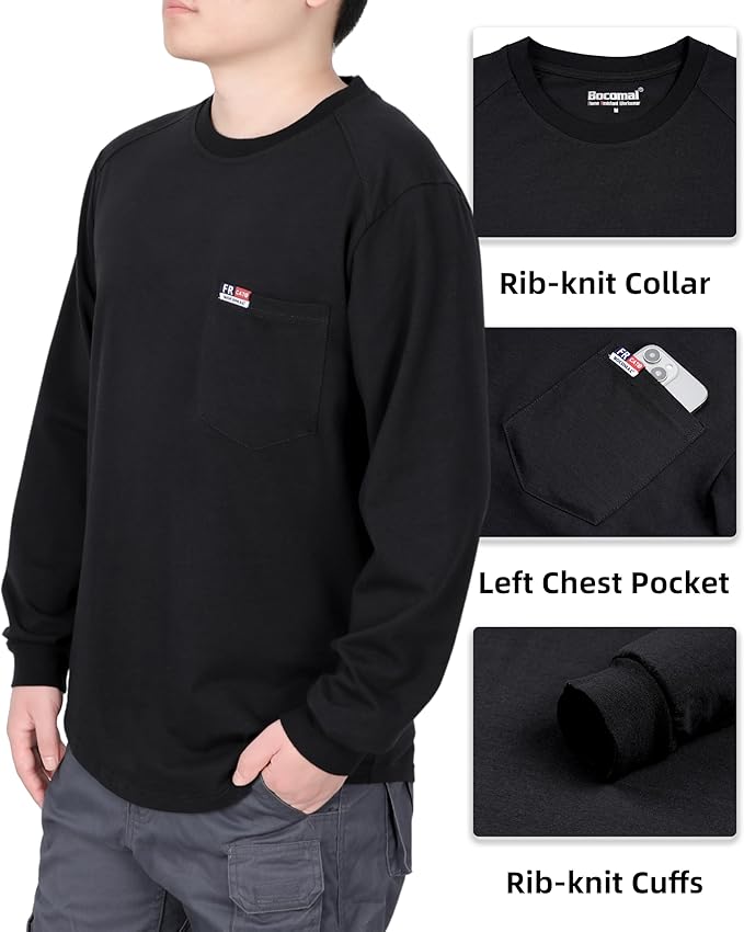 BOCOMAL Men's FR Shirts Long Sleeve Crewneck EX Soft Heather Series 6oz Midweight Flame Resistant Work T Shirt CAT2