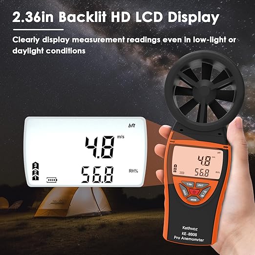 Handheld Vane Anemometer Air Flow Tester, Kethvoz Digital Wind Speed Meter Measure Air Velocity 0.3~30m/s, Test Temperature Humidity, Portable Carrying Case Included