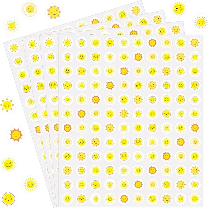2400 Pcs Small Stickers for Kids,Mini Sun Sticker Cute Smile Face Paper Decals 10 Designs Yellow Self-Adhesive Stickers for Summer Party Envelopes Scrapbook Gifts DIY Supplies,0.5in（Sun）