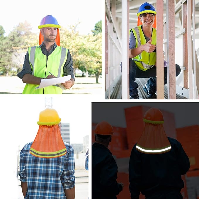 TCCFCCT Hard Hat Sun Shade, High Visibility Neck Shield with Secure-Fit Fastener, Mesh Neck Sun Shade Protector with Reflective Strip, Construction Helmets Use, Hard Hat Not Included, Orange, 5 Packs