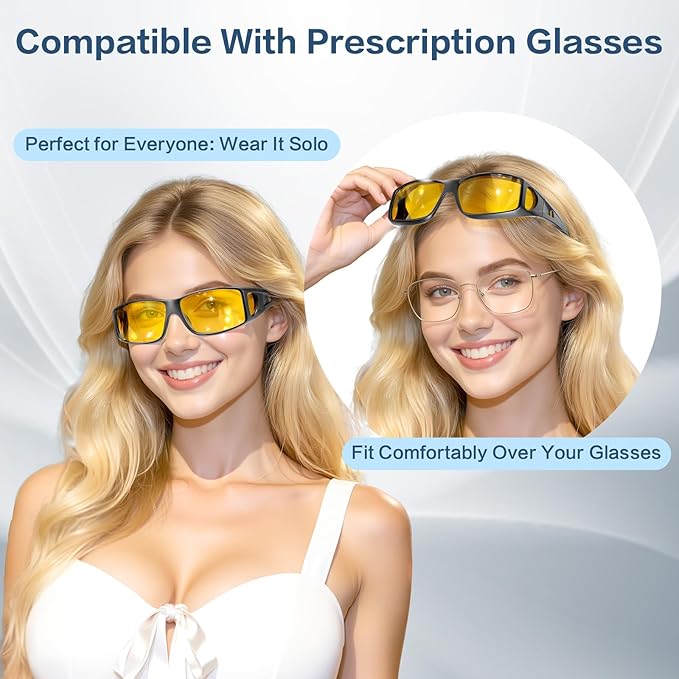 Night-Driving-Vision-Glasses Men-Women Anti-Glare - Polarized Fit Over Prescription Glasses, Night Vision Glasses for Driving,Night time,Matte Black Frame,Yellow Lens