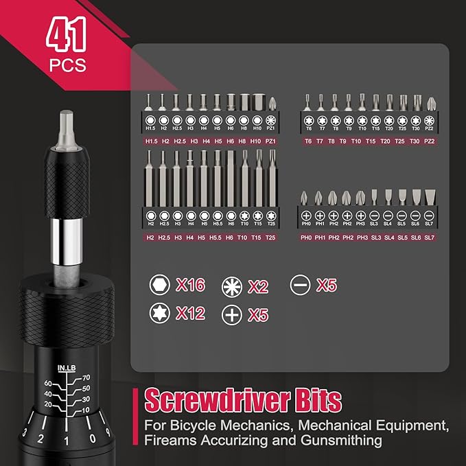 Torque Screwdriver Set 10-70 in-lb, Adjustable 1/4" Hex Inch-Pound Torque Driver with S2 Steel Bits & Case – Precision Tool for Bike Repair, Scope Mounting & Optics