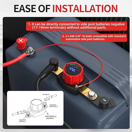 Joinfworld Side Post Battery Disconnect Switch 12V-48V with Led Voltmeter Display, DC 5-60V Battery Kill Switch Waterproof Marine Battery Cut Off Switch 12 Volt for Car RV Boat ATV UTV Vehicles