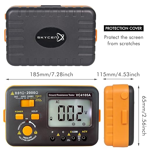 VC4105A Earth Resistance Tester Digital Grounding Resistance Meter 20/200/2000Ω Ground Resistance 750V AC Voltage Measure Backlight LCD Display Data Hold