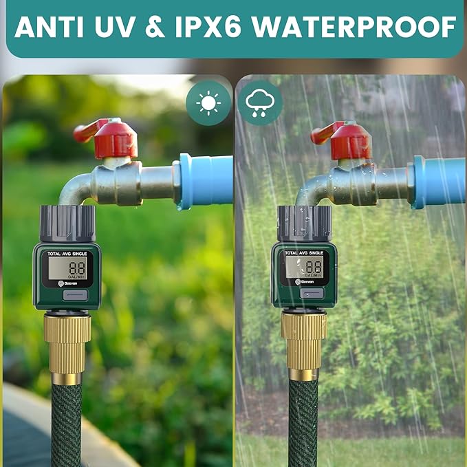Geevon Garden Hose Water Flow Meter with Brass Inlet Metal Thread, High Accuracy & IPX6 Waterproof for Outdoor Garden Watering, RV Water Tank Filling, Lawn Sprinkler, and Nozzle Sprayer (1 Pack)