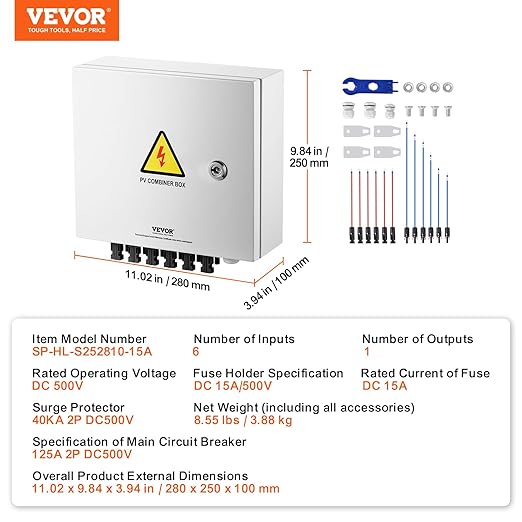 VEVOR 6 String PV Combiner Box, Metal Solar Combiner Box with 15A Rated Current Fuse & 125A Circuit Breaker for On/Off Grid Solar Panel System, IP65