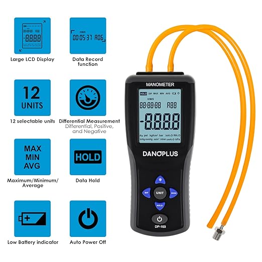 Manometer Digital Manometer Gas Pressure Tester Professional 12 Selectable Units Differential Manometer Gauge HVAC Air Pressure Meter with Large LCD Display Backlight, Data Record Funtion