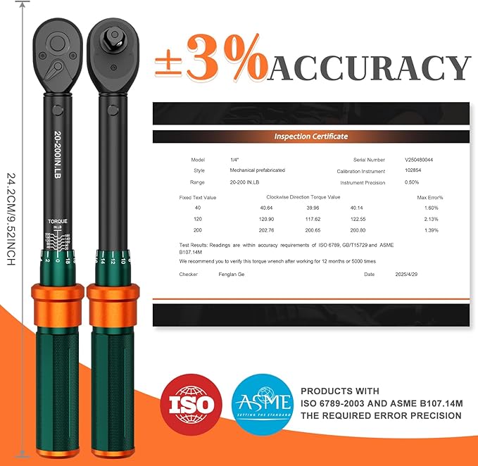 1/4 Drive Inch Pound Torque Wrench, 20-200 In-lb, ±3% High Accuracy Click Torque Wrench with 72-Tooth Dual-Direction Head for Bike Repair, Motorcycle and Precision Instrument Maintenance