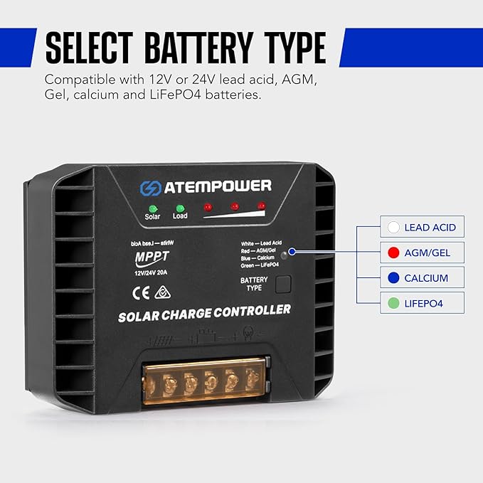 ATEM POWER 20A 12V/24V MPPT Solar Charge Controller Selecting Battery Type Activate Lithium Battery Intelligent Solar Controller Compatible with Lead Acid, AGM, Gel, Calcium and LiFePO4 Battery