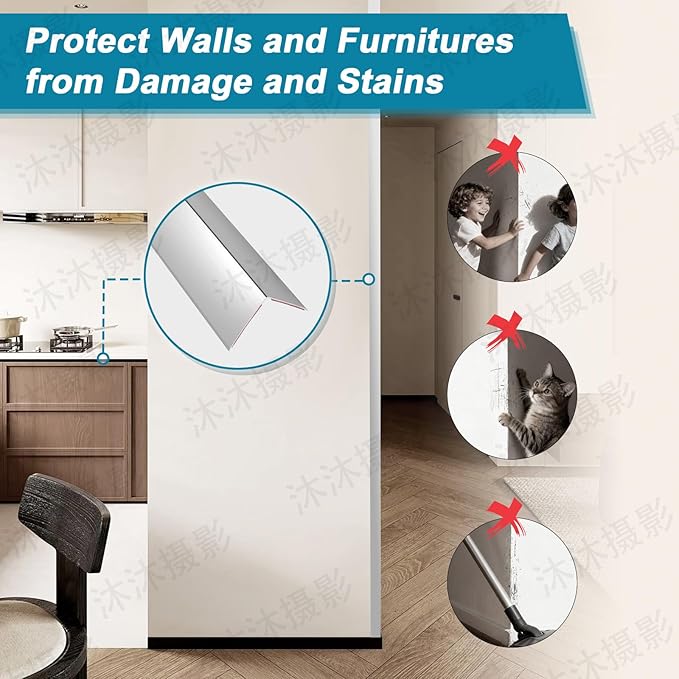 Raytano 4Pcs 45" L ×1" W Self Adhesive Metal Corner Protectors, Modern Aluminum Wall Corner Guards for Wall Door Furniture Cabinet Baseboard Frame Protection and Decoration (Size:45" x 1",Silver)