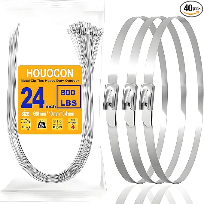 Metal Zip Ties Heavy Duty Outdoor, 800 Lbs 24 Inch Stainless Steel Zip Ties, 40 Pcs Self-Locking Metal Cable Ties, Strength, Ideal for Exhaust Wrap, Cables, Farms, Pipes, Roofs and Outdoor Fence