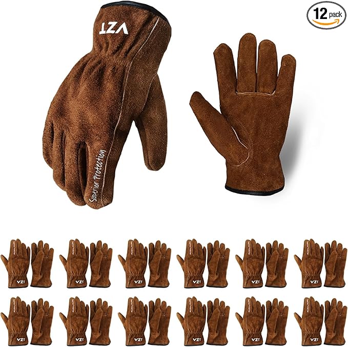 12 Pairs Bulk Leather Work Gloves for Men or Women for Construction, Farm, Ranch, Woodworker, Soft, Keep warm，Cowhide Thickened, Water Resistant, Brown, XXL