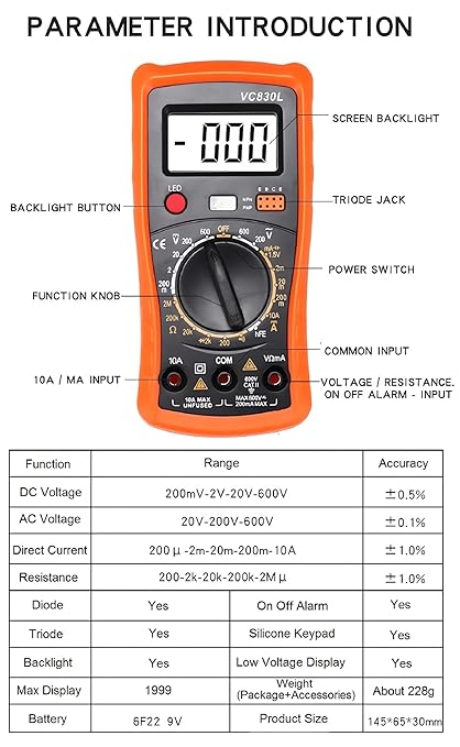 Digital Multimeter with Premium Probes, Measures AC/DC Voltage, Current, Resistance, Diode, Triode, Suitable for Household use, and Industrial use - F (Orange)
