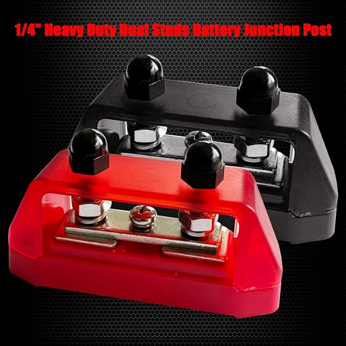 Ampper 1/4" Power Distribution Block Bus Bar 12V 150A, Dual Studs M6 Busbar Battery Junction Post Distribution Block with 1 x M4 Screw Terminal (Red and Black)