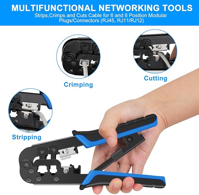 RJ45 Crimping Tool Kit Ethernet Crimp Set, RJ-11, 6P/RJ-12, 8P/RJ-45 Crimp, Cut and Strip with 20PCS CAT5 CAT5e Connectors, Covers,1 Network Cable Tester 1 Wire Stripper