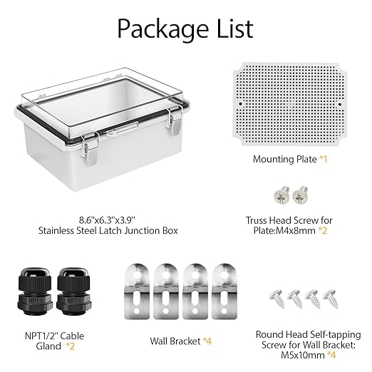 LeMotech Electrical Box, IP67 Waterproof Hinged Clear Cover Stainless Steel Latch Junction Box, ABS Plastic Electrical Enclosure with Mounting Plate,Wall Brackets, Cable Glands,8.2"x6.3"x3.9", Grey
