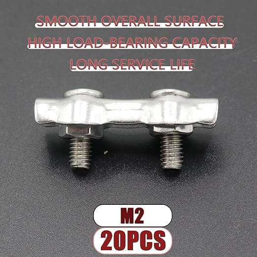 20pcs M2 Stainless Steel Duplex Wire Rope Clip Cable Clamp, Double Bolt Wire Cable Clamps, 2-Post Wire Rope Clip for 1/16 Inch Diameter Wire Cable