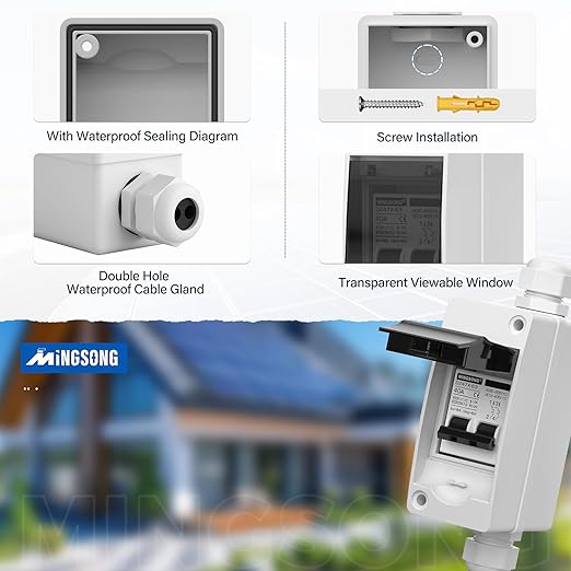 DC Solar Panels Disconnect Switch 40 Amp AC Circuit Breaker Box 400V 2 Poles IP65 Waterproof UV-Proof Outdoor Small Breaker Box for Solar PV Homes