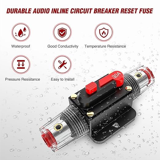 Nilight 30A Inline Circuit Breaker Resettable 12-24V DC Manual Reset Fuse Holder 3-15 AWG Overload Protection for Car Audio Sound Amplifier System RV Marine Boat Truck Solar Inverter