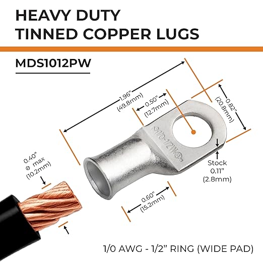 SELTERM 10pcs 1/0 AWG-1/2" Stud (Wide Pad) Tinned Copper Wire Lugs, Heavy Duty Battery Cable Ends,0 Gauge Ring Terminals, UL Battery Lugs Marine Grade Copper Eyelets Battery Terminal Connectors