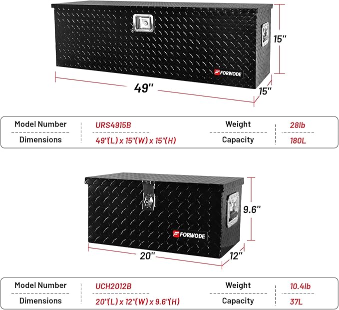 FORWODE 20&48 Inch Aluminum Truck Tool Box Lockable Truck Bed Tool Box Waterproof Truck Bed Storage Box with Gas Struts Side Handle Truck Tool Chest for Pickup, Truck Bed, RV, Trailer&Garage (Black)