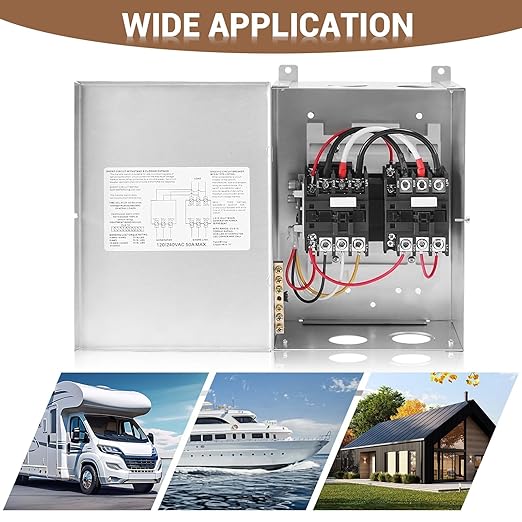 50 AMP Automatic Transfer Switch for RV Outdoor Speedboats 120/240 VAC Generator Transfer Switch 20-45 sec delay