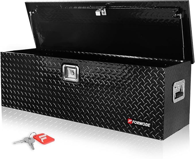 FORWODE 48 Inch Aluminum Truck Tool Box Lockable Truck Bed Tool Box Waterproof Truck Bed Storage Box with Gas Struts & Side Handle Truck Tool Chest for Pickup, Truck Bed, RV, Trailer & Garage (Black)