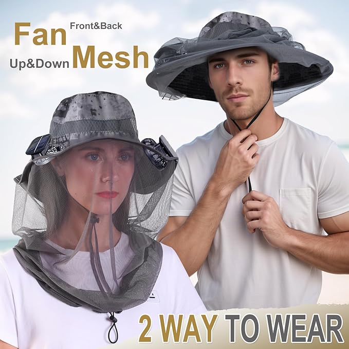 ayamaya Mosquito Net Hat with Fan Built-in, Wide Brim Solar Fan Hat with Netting, 3 Speeds Adjustable for Men Women Outdoor