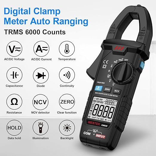 MESTEK Digital Clamp Meter Multimeter, TRMS 6000 Counts 600A Current Amp Volt Meter, Auto-Ranging Voltage Tester Measures AC DC Current Voltage Resistance Capacitance Temperature Diodes Continuity NCV