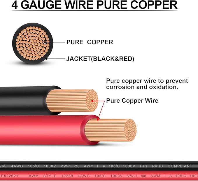 Battery Cable - iGreely 4 AWG 4 Gauge Wire Made with OFC Copper PV Wire Battery Power Inverter Cables with 5/16" Lugs Terminals for Solar Panel Automotive Motorcycle RV Marine 3ft/90cm