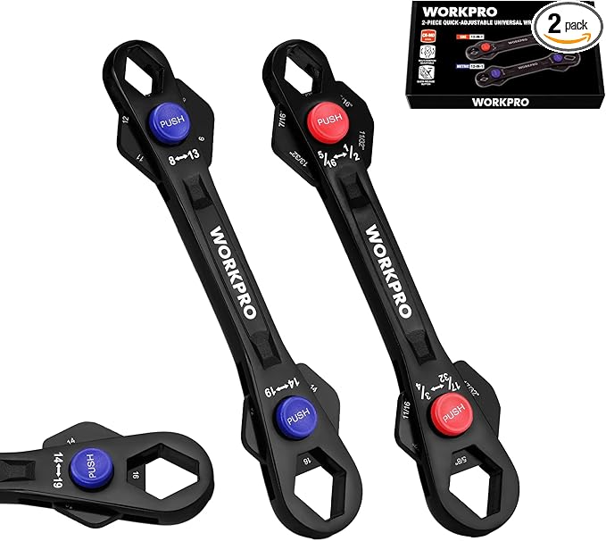 WORKPRO 2-Piece 12-in-1 Universal Adjustable Wrench Set, 8-19mm Metric & 5/16"-3/4" SAE Multi-Size Wrenches with Heat-Treated Cr-Mo Steel, ASME Standard, Multi-Position Head, for Home, Workshop, DIY