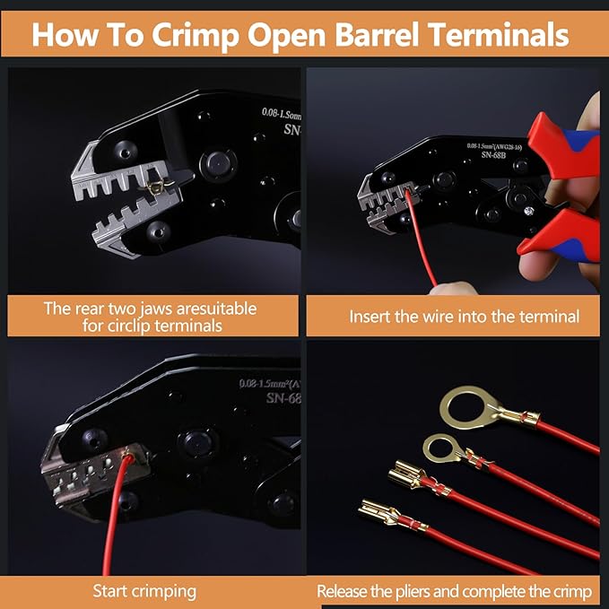6 in 1 Wire Crimping Tool, Amliber AWG 28-16 Wire Crimper for Non-Insulated Open Barrel Terminal Connectors, Electrical Crimping Pliers for Molex Dupont JST Deutsch DELPHI AMP TYCO TE Terminals