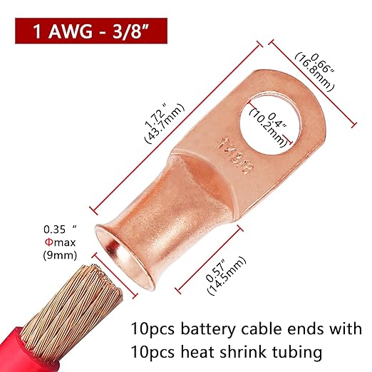 10pcs 1 AWG-3/8 Battery Lugs,Copper Wire Lugs,UL Listed Heavy Duty Battery Cable Ends,Tubular Ring Terminals,AWG Crimp Wire Ring Lugs,Battery Terminal Connectors with 3:1 Heat Shrink Tubing