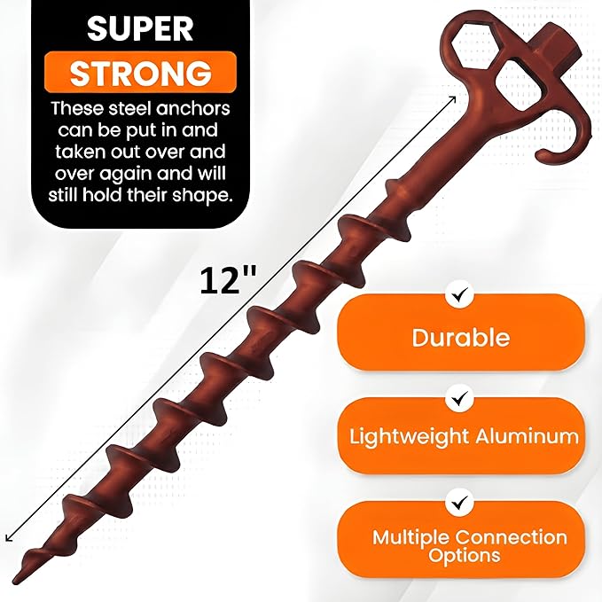 MightyPhine Heavy Duty Screw in Ground Anchors - Drillable Tent Stakes for High Wind - Metal Hex Pegs for Camping, RV Awning, Canopy, Trampoline, Gazebo - Impact Driver Compatible Lag Bolt Spikes