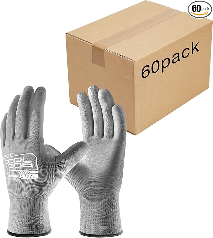 COOLJOB 60 Pairs Safety Work Gloves Pack Bulk with Grip PU Coating, 13 Gauge Seamless Knit Gloves with Polyurethane Dipped for Warehouse Working, Breathable Lightweight for Men Women, Grey Xlarge