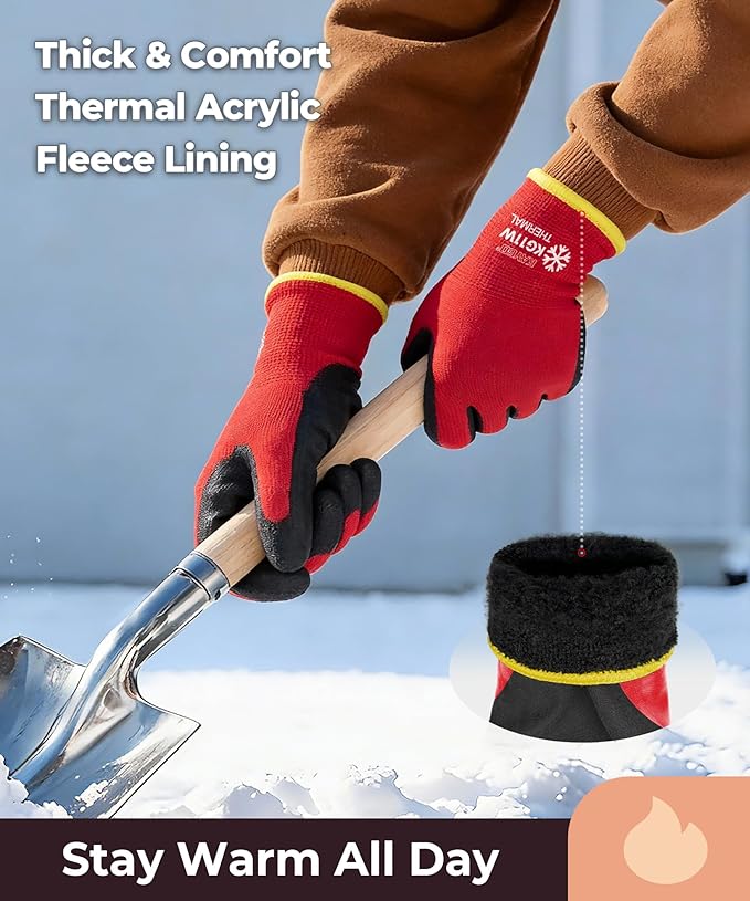KAYGO 12 Pairs Winter Work Gloves for Men and Women, Thermal Insulated Safety Work Gloves PU Coated, Super Grip,Ideal for Freezer Work,Red,L