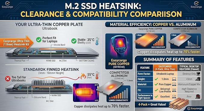 Easycargo Laptop M.2 Heatsink Kit, Copper m.2 Heat Sink + Thermal pad 1mm 0.5mm for Cooling Laptop M.2 2280 SSD (4-Pack)