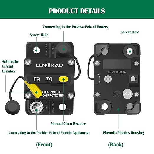 LENKRAD 70amp Marine Circuit Breaker Resettable 70A with Manual Reset Switch Button for Boat Trolling RV Yacht, 12V - 48V DC, Waterproof, Surface Mount(70 Amp Boat Circuit Breaker)