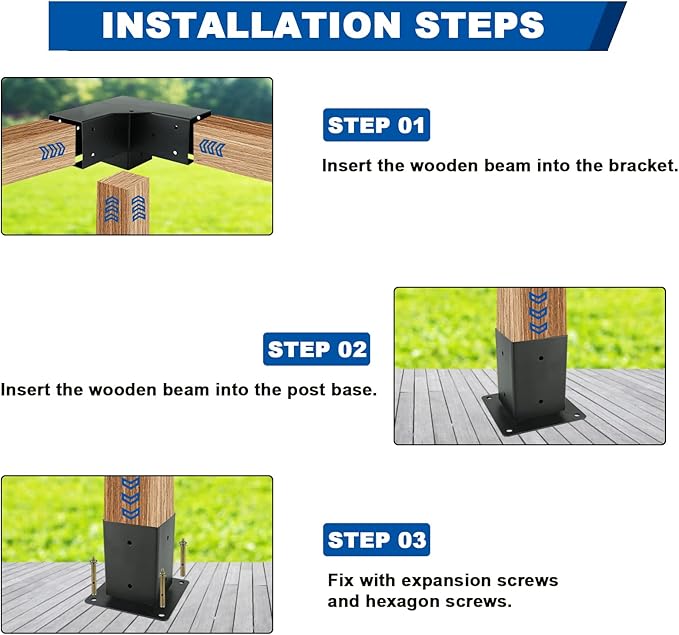 Pergola Gazebo Brackets Kit Nopwer - 3-Way Right Angle Corner Bracket for 4x4 Inch Wood Beams
