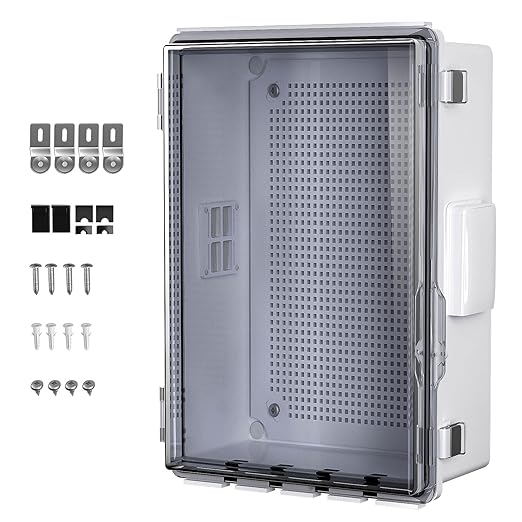 ABS Electrical Junction Box, Ventilated Design, Cable Grommets, IP65 Waterproof Enclosure, Indoor/Outdoor Use with Mounting Panel .(Clear Cover, 13.8"x9.7"x5.9")