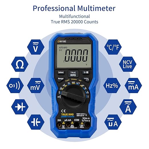 OWON OW18E Bluetooth Digital Multimeter, 20000 Counts True RMS Voltmeter, Auto-Ranging Current Amp Resistance Diodes Continuity, Data Logger, Thermometer, Offline Recording